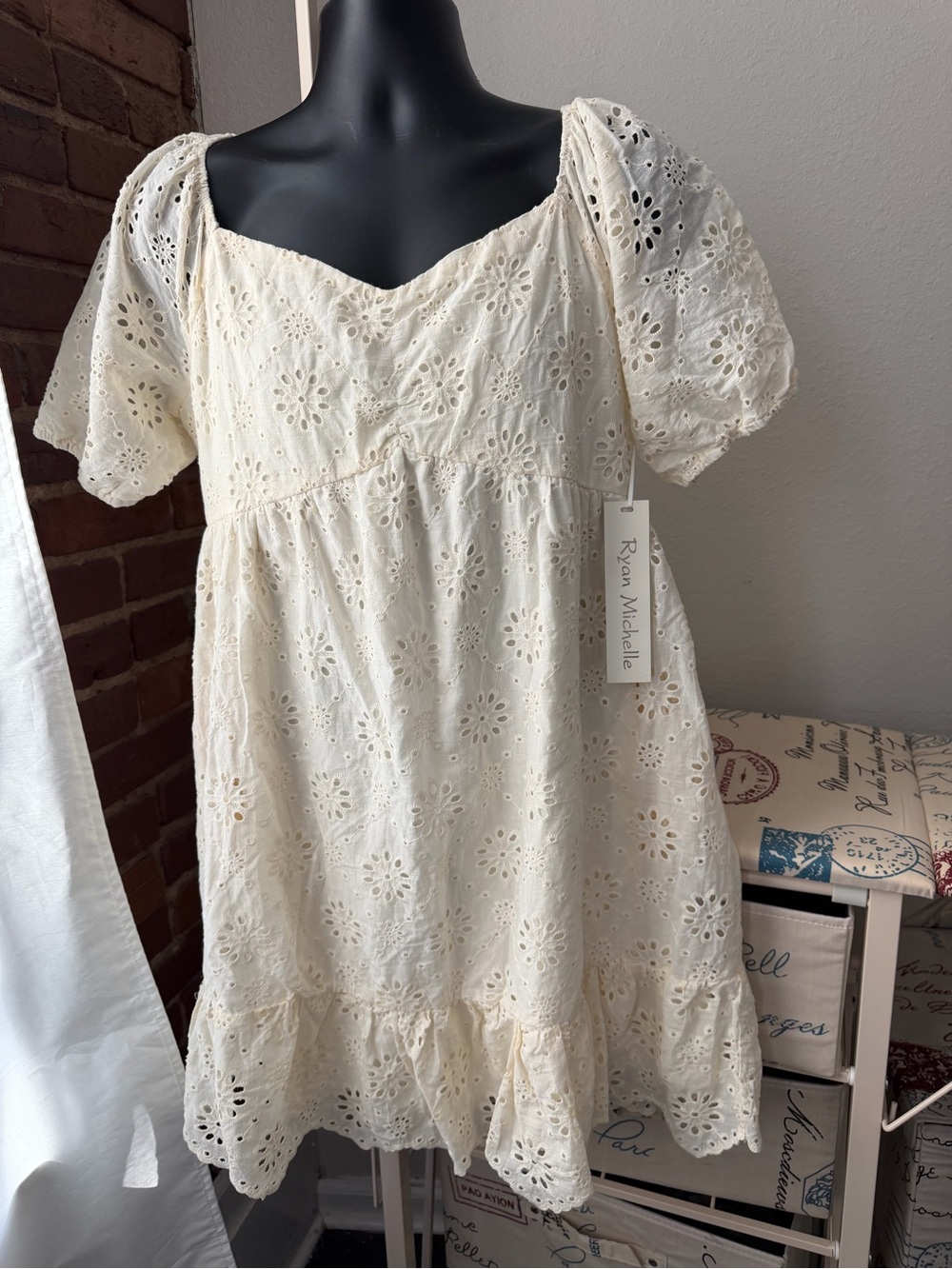 Ryan Michelle Cream Eyelet Puff-Sleeve Babydoll Dress